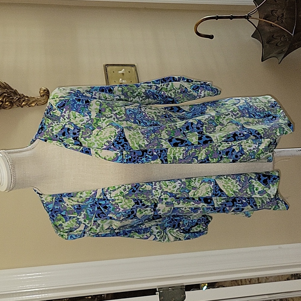 Travel Elements blue violet lime white print open front top ruched sleeve S New…